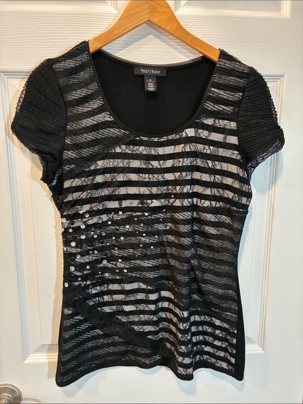White House Black Market Black Lace & Sequin Striped Short Sleeve Top